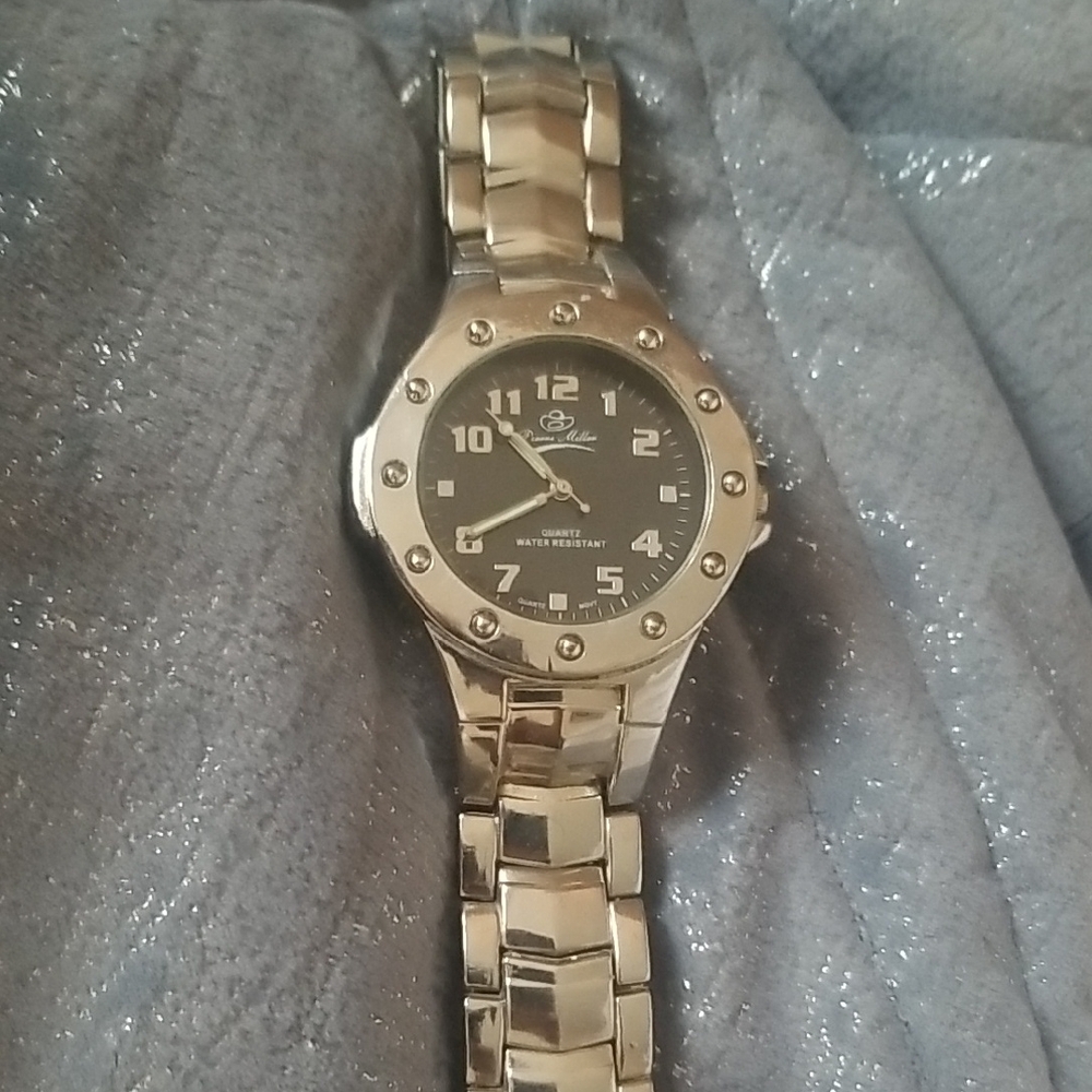 Pierre MILLER  Silver Tone Watch with Black Dial